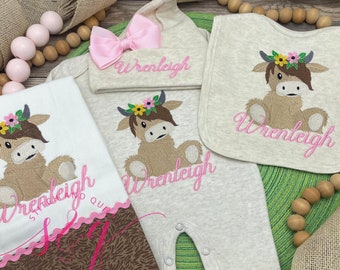 Baby girl coming home set, Girl Highland Cow Baby Footie with Beanie, Girl coming home outfit, Baby Romper and hat, Highland Nursery
