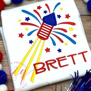 Boys 4th of July Shirt, Firework Rocket Shirt with Name, Toddler Patriotic Outfit, Red White and Blue Shirt for Kids