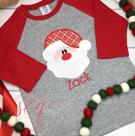 Boys Santa Shirt, Toddler Boy Christmas Shirt with Name, Red Sleeve Raglan Christmas Shirt, Personalized Santa Shirt for Kids