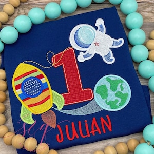 Outer Space Birthday Shirt with Name, 1st Birthday Rocket Shirt for Toddler Boy, Astronaut Birthday Outfit, Space Theme Party Shirt