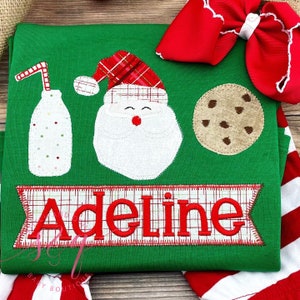 Girls Santa Cookie Shirt, Christmas Shirt with Name for Girls, Milk and Cookie Outfit, Toddler Girl Holiday Shirt