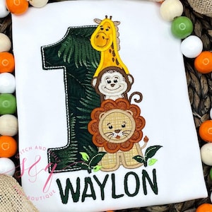 Safari Birthday Shirt with Name, Jungle 1st Birthday Shirt for Baby or Toddler, Zoo Animal Birthday Outfit, Lion Monkey Giraffe Shirt