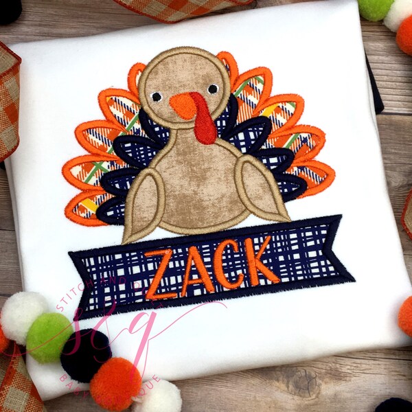 Itsy Bitsy Boys Aqua Striped Polo Shirt - Embroidered Thanksgiving Turkey