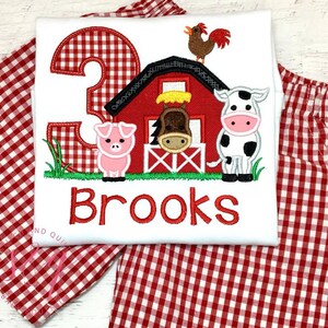 Barnyard Birthday Farm shirt with Farm Animals Boy or Girl Farm birthday shirt, Red gingham shorts, Barnyard birthday outfit image 2