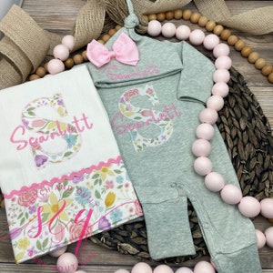 Baby GIrl Sleeper Footie, Personalized baby girl romper and hat set, Baby Shower Gift, Sage and PInk