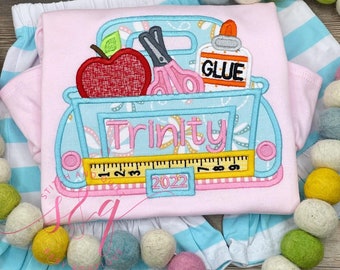 Girl&#39;s back to school outfit with truck,  Back to school outfit, Girl&#39;s School Outfit short set, first day, Grade school shirt