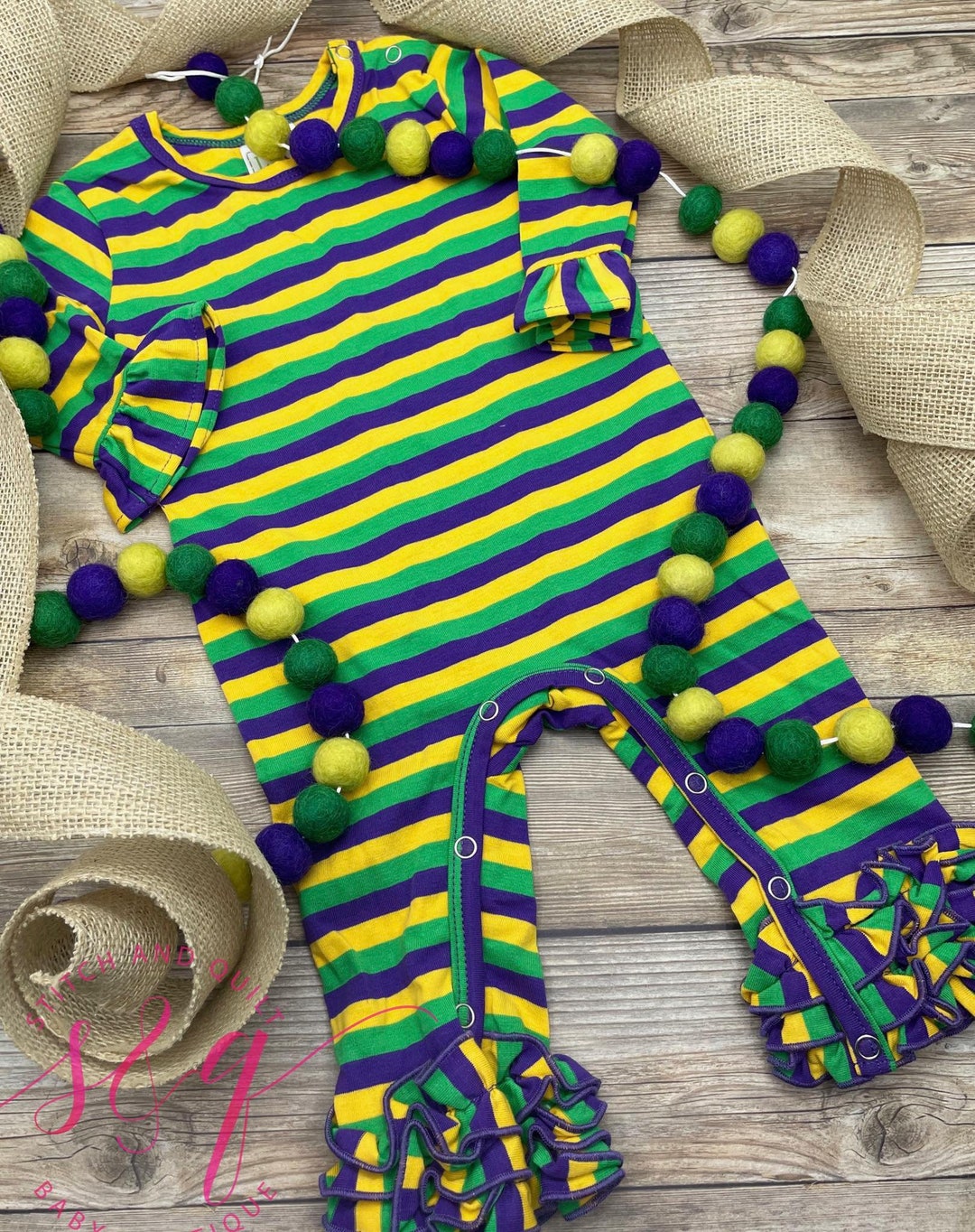 Mardi Gras Striped Long Sleeved Girl Romper, Personalized With Name
