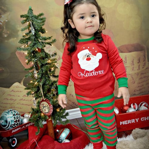 BOY OR GIRL PERSONALISED MERRY CHRISTMAS PYJAMAS Festive Red Striped PJs Santa
