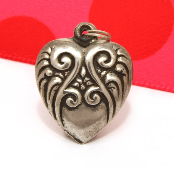 1940s Sterling Puffy Heart Bracelet Charm Raised Waves with Curled Crests, Vintage Romantic Valentine's Day Gift