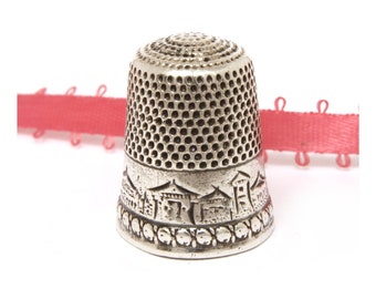 Sterling Thimble Stern Brothers Fouled Anchor Size 9 Engraved Landscape Scenic Design Monogram Initials EP Antique Sewing Tool NEEDLE HOLES