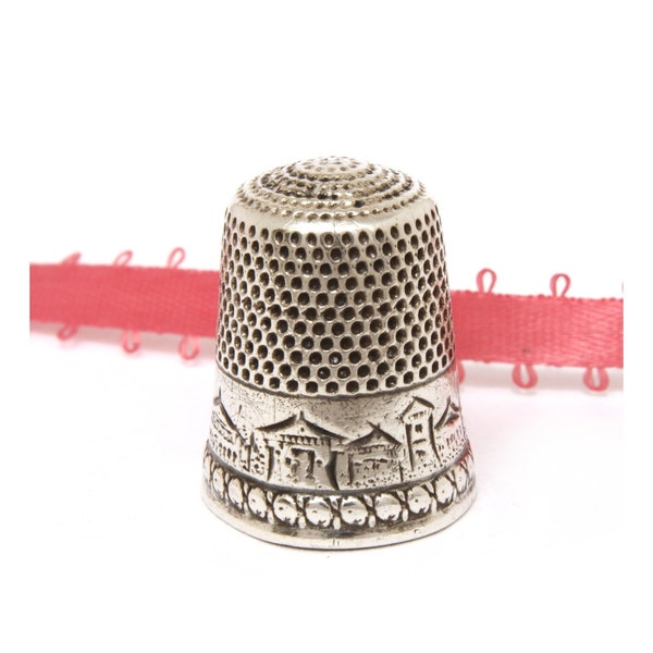 Sterling Thimble Stern Brothers Fouled Anchor Size 9 Engraved Landscape Scenic Design Monogram Initials EP Antique Sewing Tool NEEDLE HOLES