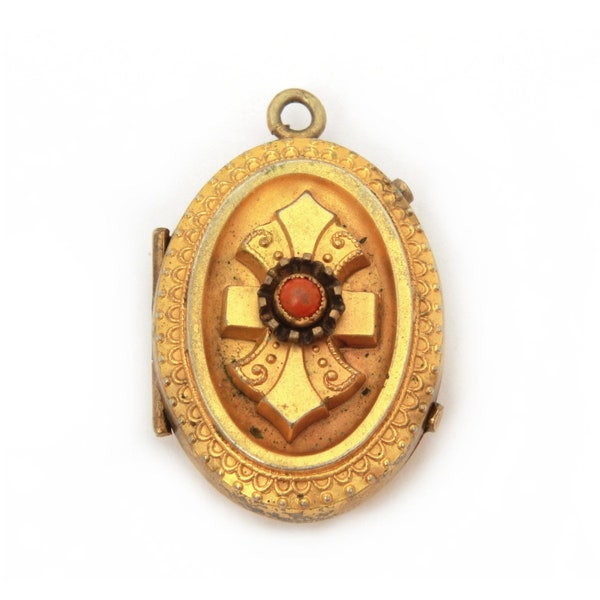 Victorian Etruscan Style Locket with Coral Color Stone, Antique Costume Jewelry Locket, Pressed Cannetille Design