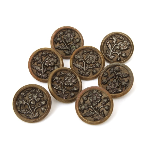 8 Antique Steel Back Sewing Buttons Blooming Flower Design Textured Background Raised Border Half Round Closed Shanks