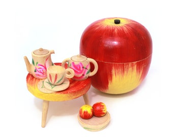 Japan Wood Apple Box With Tea Set & Table Inside, Vintage Japanese