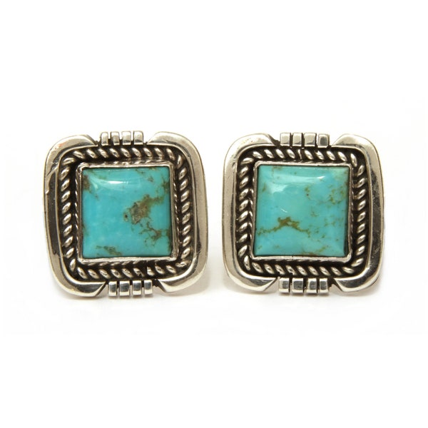 Navajo Earrings Signed E Spencer Sterling Turquoise Small Square Clip Ons .75 x .75" Classic Southwest Native American Indian