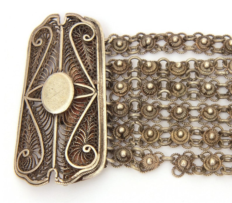 Vintage Ethnic Bracelet Tribal North Africa Jewelry Sterling Berber Bracelet Moroccan Berber Silver Filigree Bracelet Wide Filigree Clasp