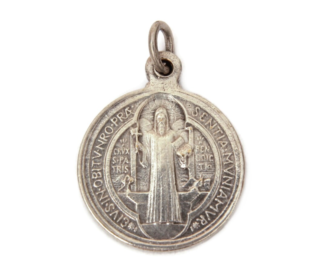 St Benedict Medal, Silver Tone, Vintage Catholic Patron Saint of School
