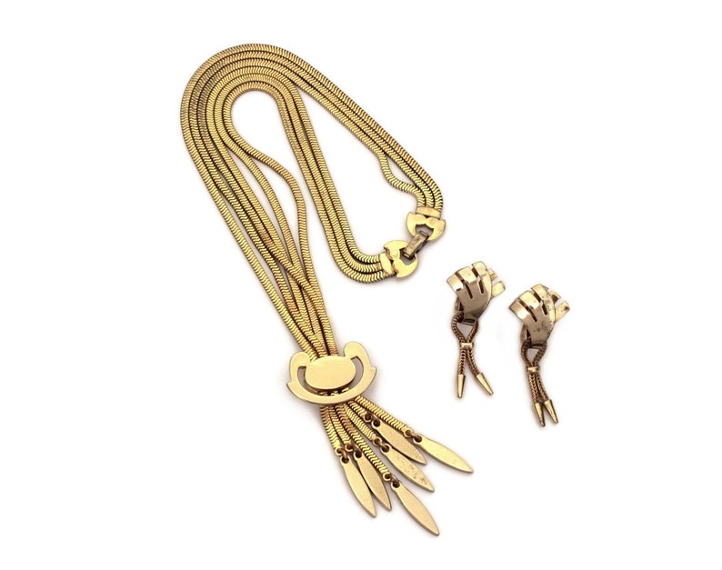 Screw Back Earrings 1940s Monet Necklace /& Earrings Lariat Style Snake Chains with Sliding Pendant and Dangles