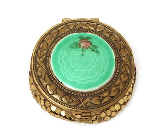Evans Loose Powder Compact with Green Guilloche Enamel and Pink Rose on Gold Tone Mesh, Small Vintage Vanity Item, Gift For Her