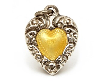 Puffy Heart Charm Sterling Yellow Enamel Vintage 1940s Romantic Bracelet Charm or Small Pendant Valentines Day Gift For The One You Love