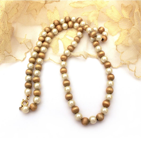 Vintage Napier Faux Pearl & Textured Gold Tone Bead Necklace 24.5" Long, Retro Designer Signed Costume Jewelry