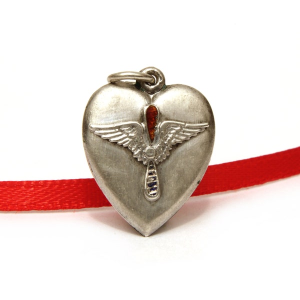 WWII Sweetheart Sterling Puffy Heart Charm Army Air Force Wings Propeller Red Blue Enamel Engraved Mamma Vintage Valentine Mothers Day Gift