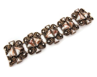 Selro Bracelet Vintage Rhinestones & Triangle Glass Stones Milk Glass Aventurine Goldstone Selini 5 Link Bracelet Big Bold Costume Jewelry