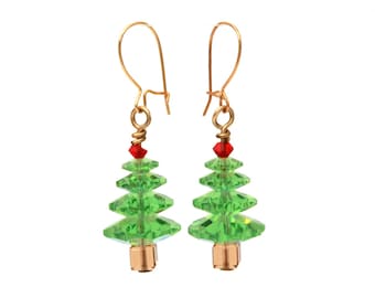 Christmas Tree Earrings, Vintage Crystal Beads, Pierced Dangle Red & Green Xmas Earrings