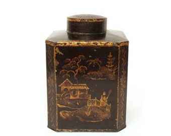 Antique Tole Tea Caddy Japonesque Design Hand Painted Tea Tin