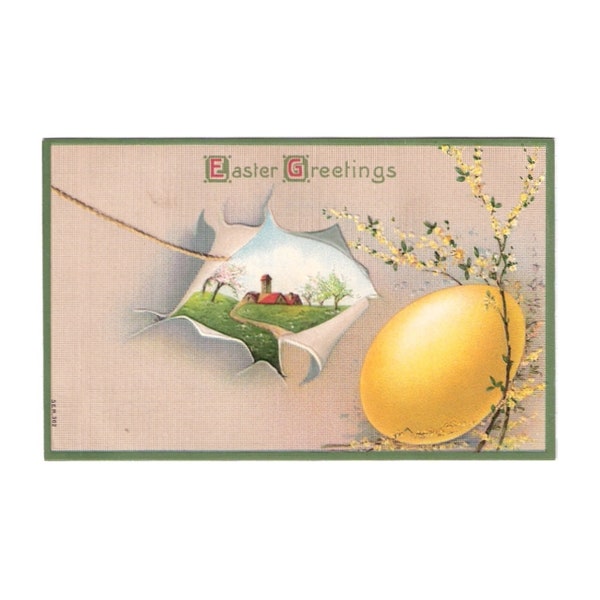 1910 EASTER GREETINGS Postcard Trompe L'oeil Style with Red Roof Country Church and Large Yellow Easter Egg Antique Germany Post Card