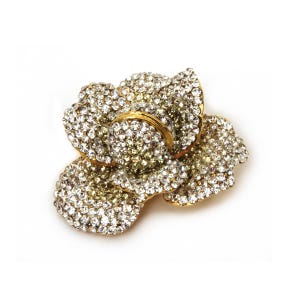 Simon Ju Rhinestone Encrusted Rose Brooch Very Dimensional 2.5 x 2.25 x 1" Vintage Designer Signed Costume Jewelry Flower Pin, Gift For Her