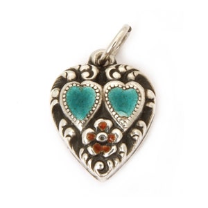 Sterling Enamel Puffy Heart Charm Engraved Name Johnsie, Blue Enameled Double Hearts & Flower, Vintage 1940s Valentines Day Gift