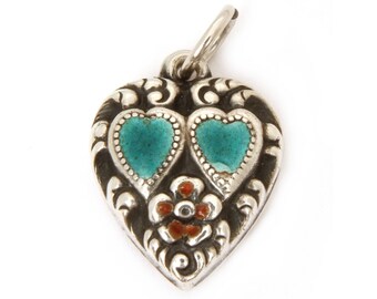 Sterling Enamel Puffy Heart Charm Engraved Name Johnsie, Blue Enameled Double Hearts & Flower, Vintage 1940s Valentines Day Gift