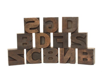 Letterpress Printing Blocks 1 3/4" Set of 12 Antique Numbers & Letters, All Wood 1.75 x 1.75 x1" Country Style Collage Assemblage Supply