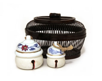 Small Japanese Bamboo Basket & 2 Dorei Ceramic Bells, Vintage Japan Decorative Grouping