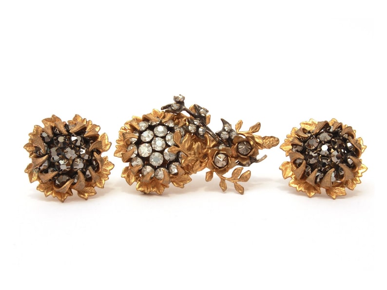 Vintage Rhinestone Jewelry Prong Set Glass Rhinestone Brooch /& Clip Earrings Signed Haskell Flower Miriam Haskell Pin Earrings Set
