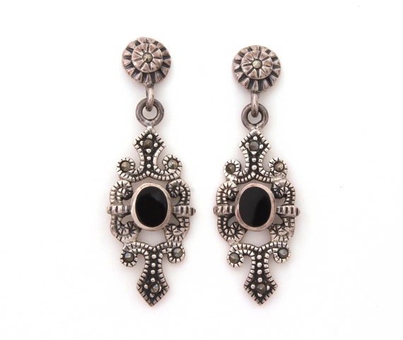 Art Deco Style Sterling Marcasite Earrings, Vinta… - image 1