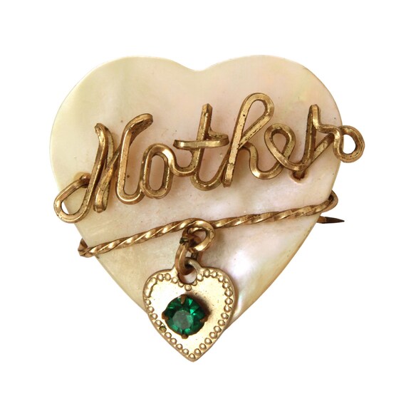 WWII Sweetheart MOTHER Pin Mother of Pearl Heart Brooch With