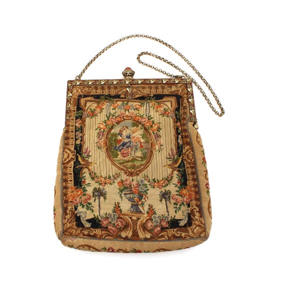 Antique Tapestry Purse, 935 Silver Frame Enamel Marcasites Sterling, Carnelian Color Glass Clasp, Romantic Kissing Couple, Rose Swags TORN