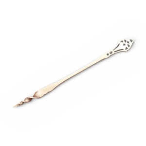 May include: A silver bar spoon with a decorative handle and a twisted end. The handle features an openwork design with a floral motif. The spoon is designed for mixing cocktails and other beverages.