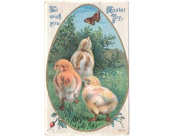 EASTER JOY Postcard with Baby Chicks & Butterfly in Easter Egg Shape Antique Post Card Faux Bois Background