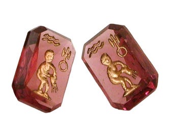 Aquarius Zodiac Gems Gold Tone Intaglio Loose Amethyst Glass Faceted Stones Vintage Circa 1950 Jewelry Supply For Earrings Ring Necklace