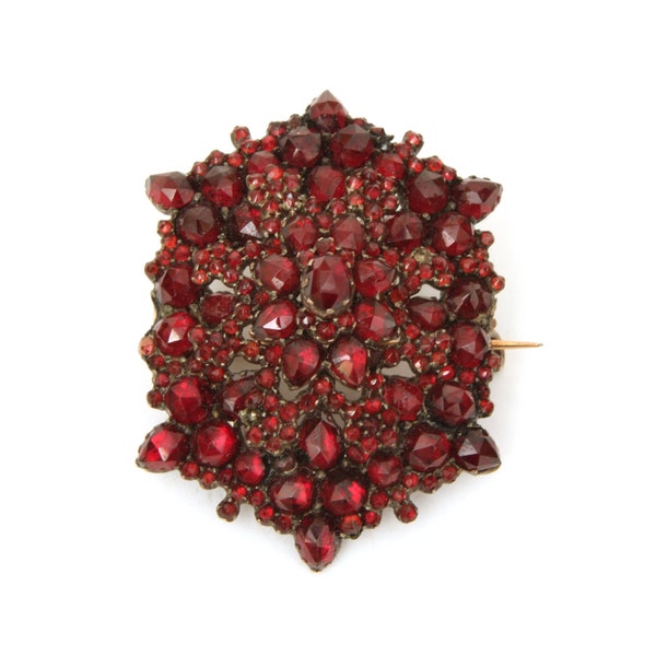 Antique Bohemian Garnet Pin Pendant Victorian Rose Cut Gems 1.75” Brooch