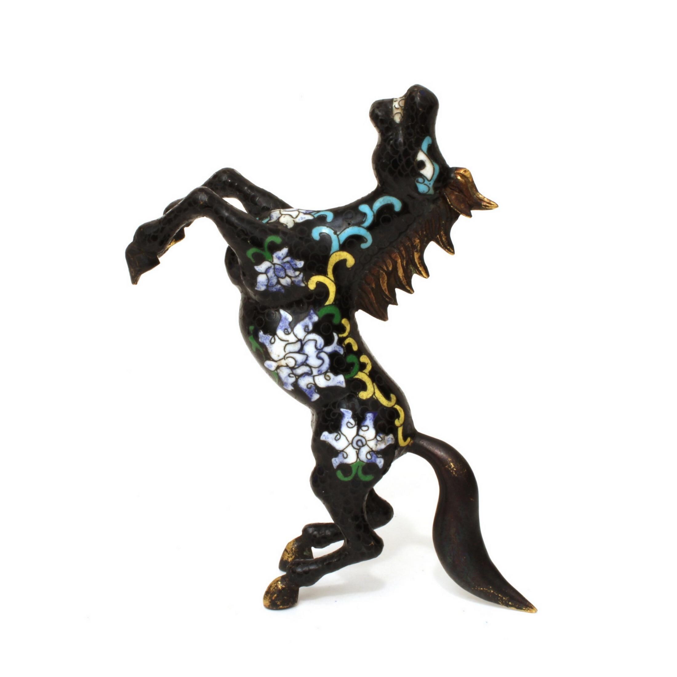 Cloisonne Horse Sculpture Rearing Stallion on Back Legs or Running, Neighing with Teeth Showing, Vintage Chinese Figurine, Gift Season 5.75"