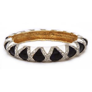 KJL Bracelet Black & White Enamel Hinged Bangle Gold Tone Clear Rhinestones Vintage Jewelry Signed by Designer Kenneth Jay Lane Gift For Mom