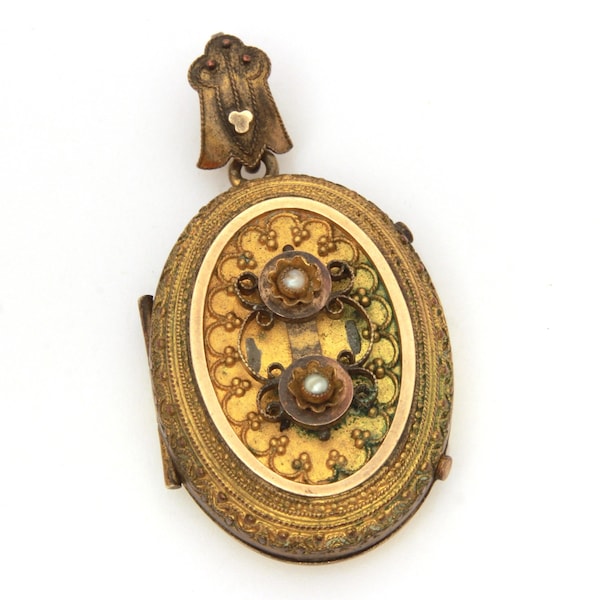 Victorian Etruscan Style Locket, Antique Costume Pearls Locket, Pressed Cannetille Design, 2" x 1" x 1/2"