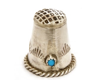 Navajo Sterling Thimble with Turquoise Color Gem Native American Indian Sewing Tool Southwest Stampings Vintage Seamstress Gift