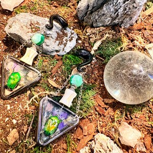 May include: A pair of ear plugs featuring black curved hooks, silver chains, and light green beads. Each plug includes a triangular pendant containing a preserved green beetle and purple floral elements encased in a clear resin frame.