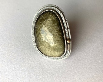 Gold obsidian sterling silver ring - size 7.25