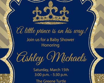Prince, Gold, Blue, Glitter, Royal, Baby Shower, Birthday Party Invitation, Digital or Printed